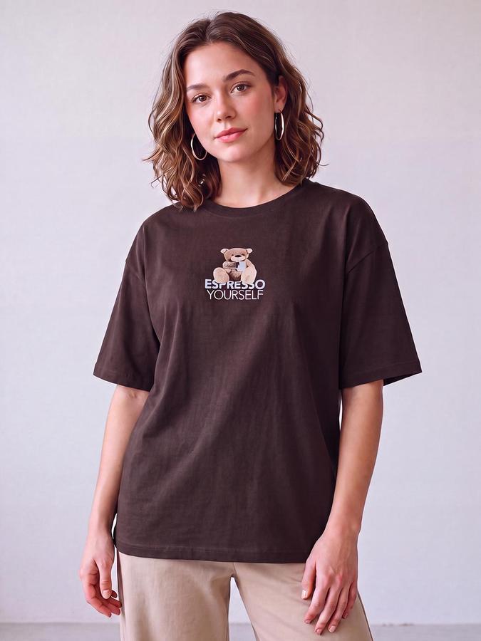 R&B Women Coffee Teddy Bear Graphic Print Pure Cotton Round Neck Short Sleeves T-Shirt