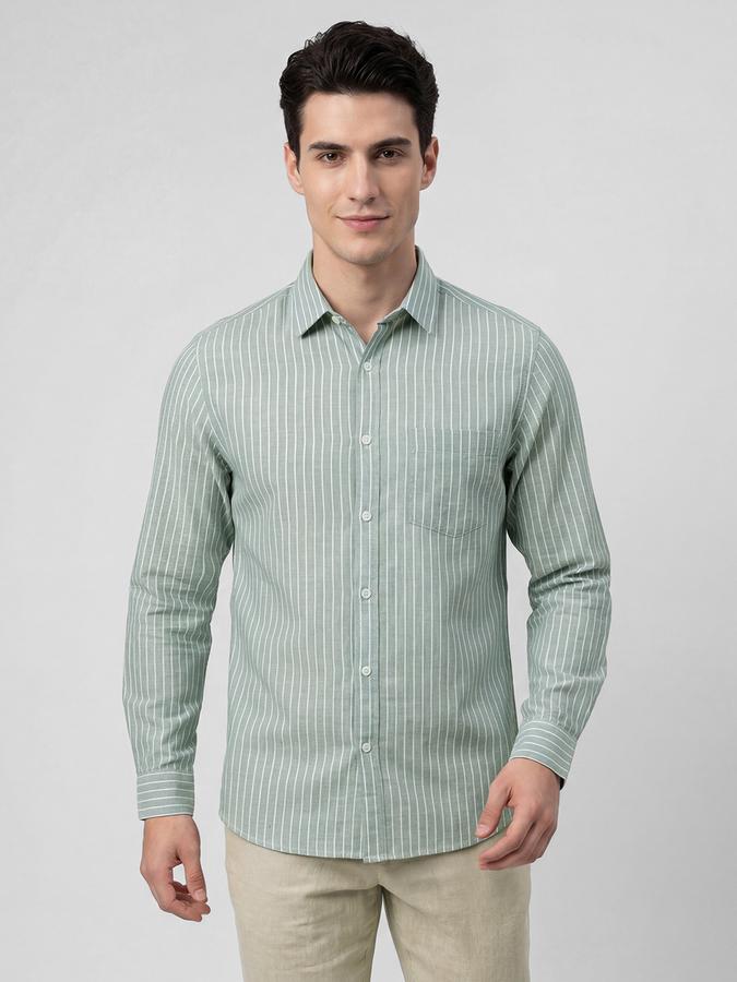 R&B Green Striped Men Spread Collar Long Sleeves Shirt