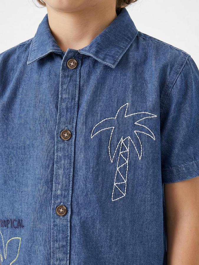 R&B Boys Medium Blue Spread Collar Short Sleeves Tropical Palm Tree Embroidery Shirt