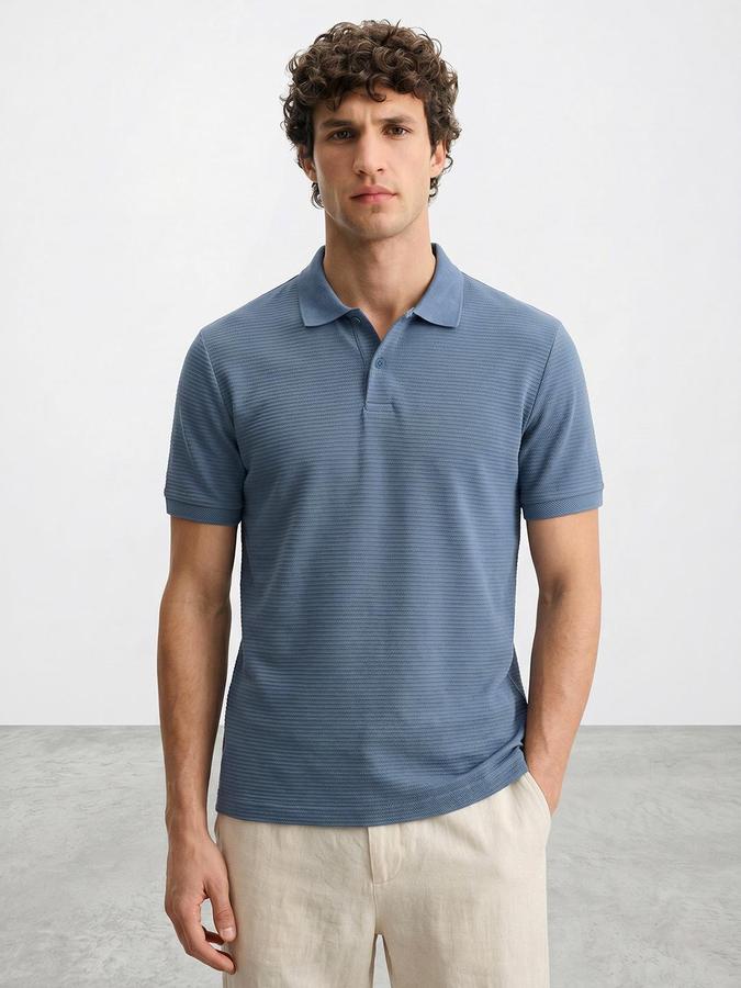 R&B Blue Men Textured Short Sleeves Tshirt