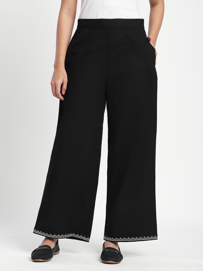 Women Cotton Wide Leg Mid Rise Solid Pants