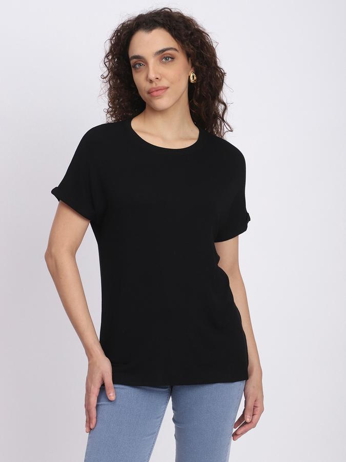 R&B Women Black Solid Fitted T-Shirt