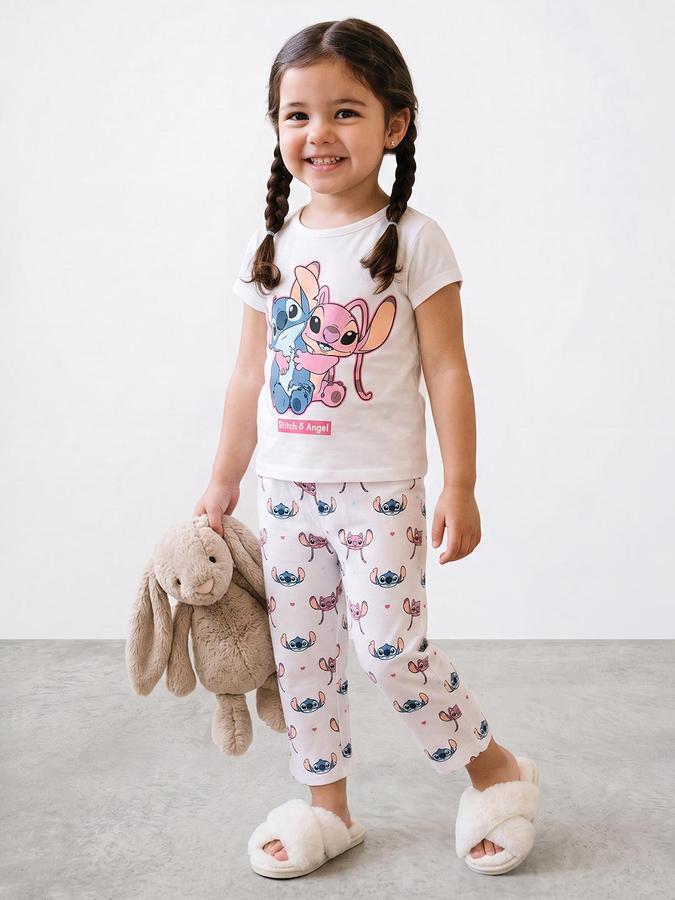 R&B Girls White Pure Cotton Stitch & Angel Print T-Shirt & Pant Night Suit