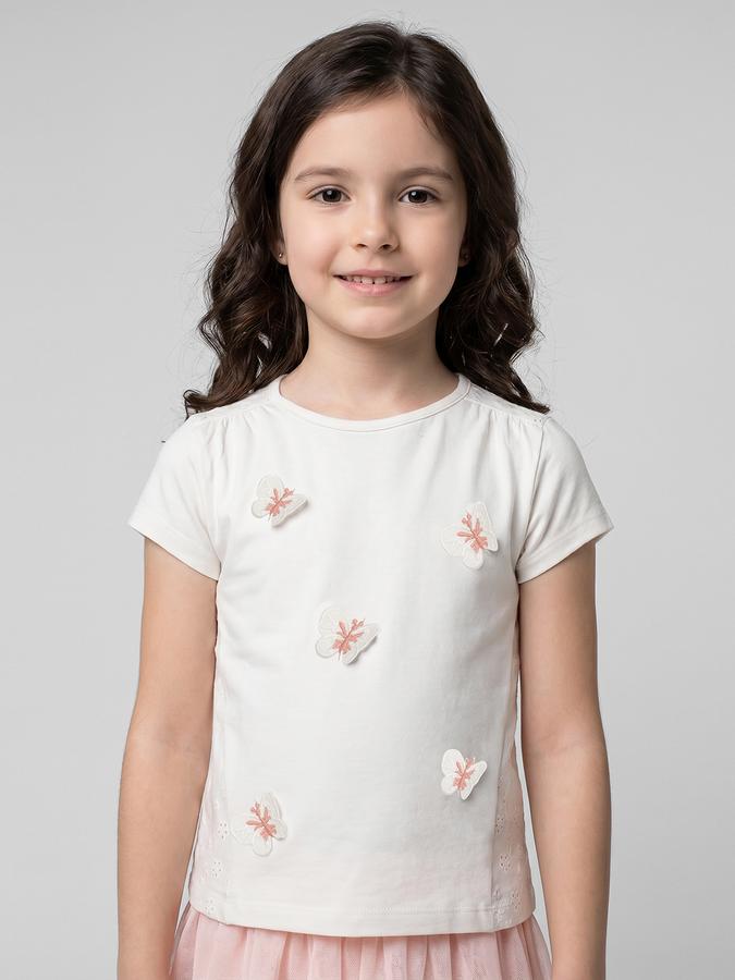 R&B White Self Design Girls Round Neck Regular Fit Short Sleeves T-Shirt 