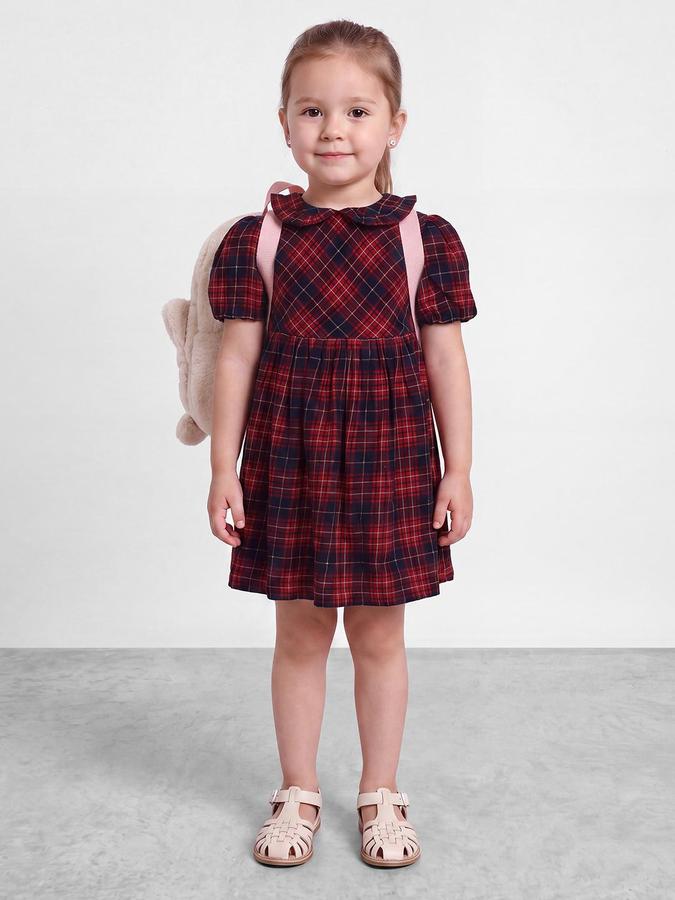 R&B Girls Red Checked Peter Pan Collar Puff Sleeves Fit and Flare Dress