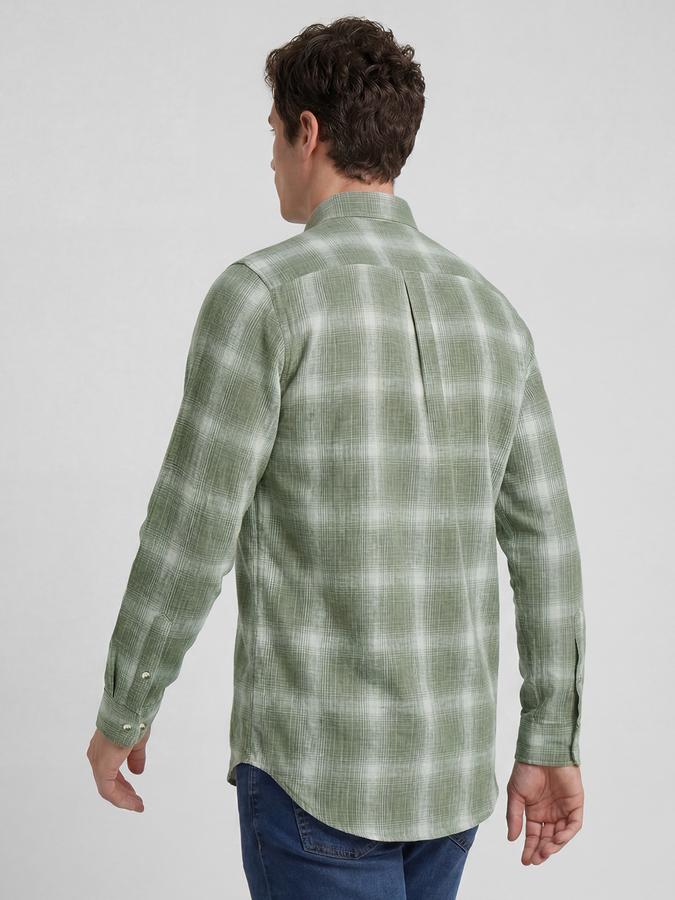 R&B Green Checked Men Spread Collar Long Sleeves Shirt