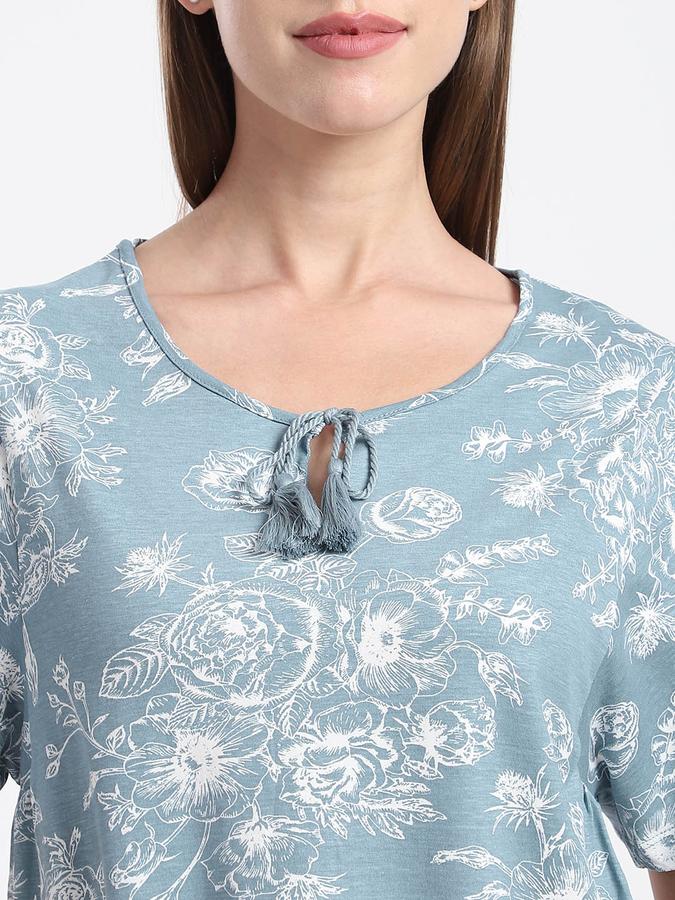 Women Cotton Regular Fit Round Neck Floral Print Night Shirt