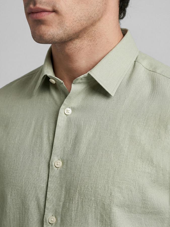 R&B Sage Green Solid Men Spread Collar Long Sleeves Shirt