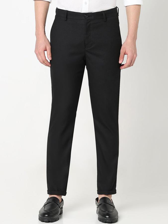 R&B Men Black Solid Regular Fit Trousers