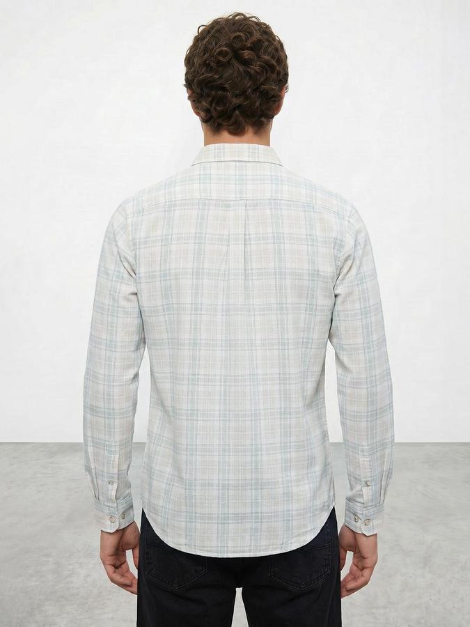 R&B Men White Windowpane Checks Spread Collar Long Sleeves Regular Fit Shirt