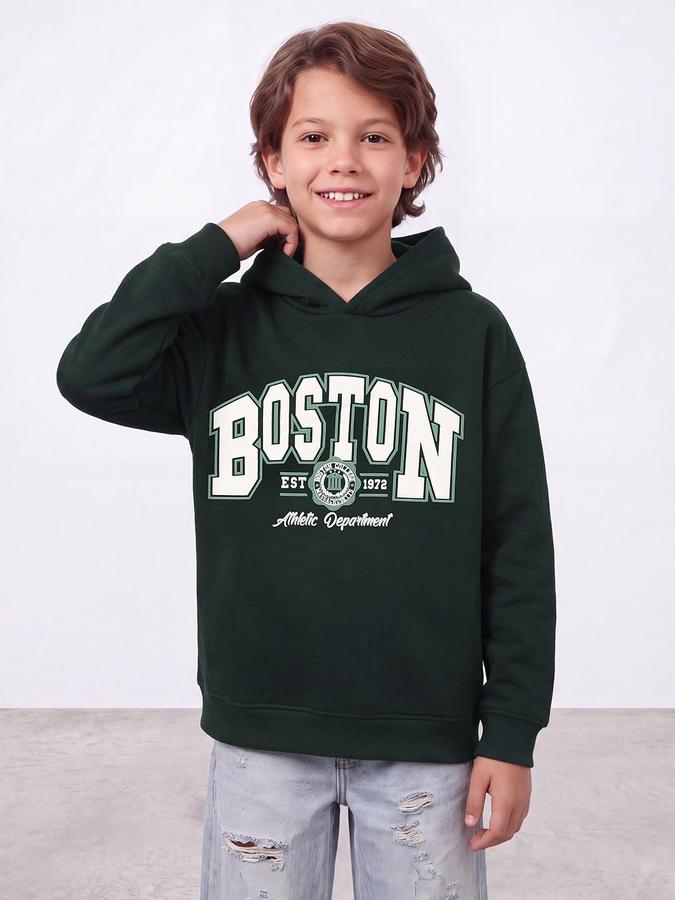 R&B Boys Green City Graphics Hooded Long Sleeves Regular Fit Sweatshirt