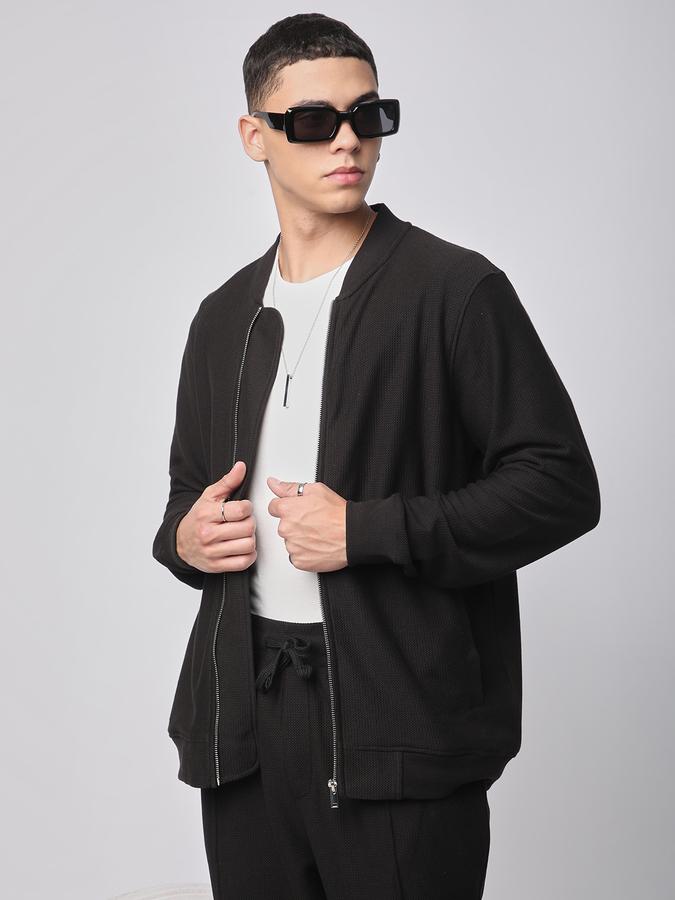 Men Cotton Blend Regular Fit Waffle Knit Bomber Jacket