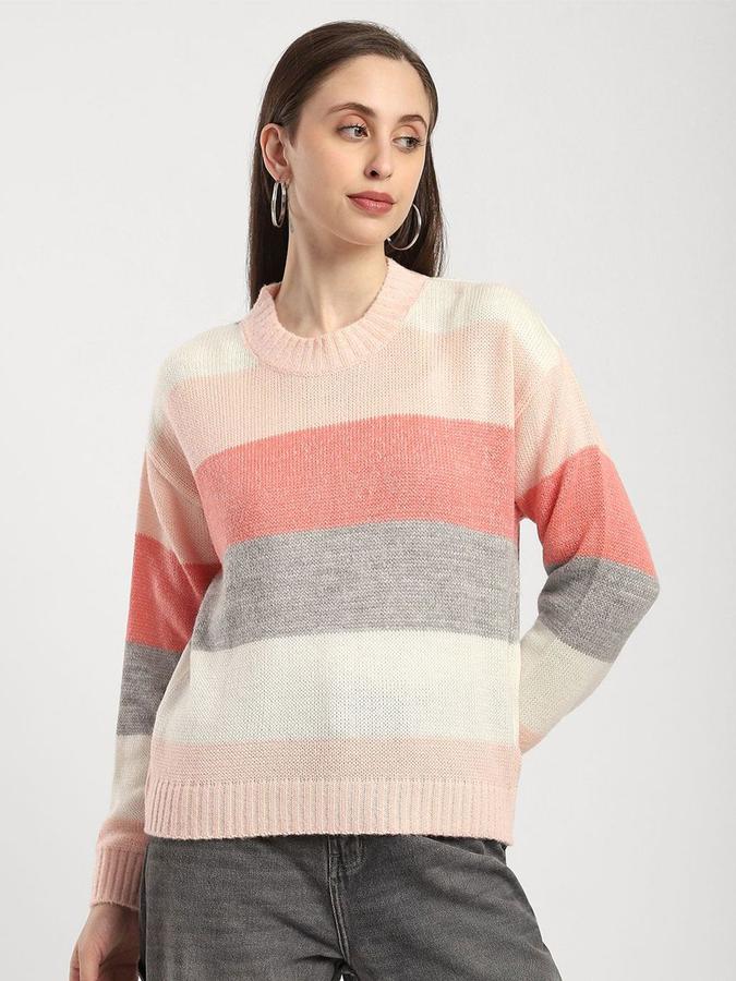 R&B Women Pink Round Neck Striped Long Sleeves Sweater