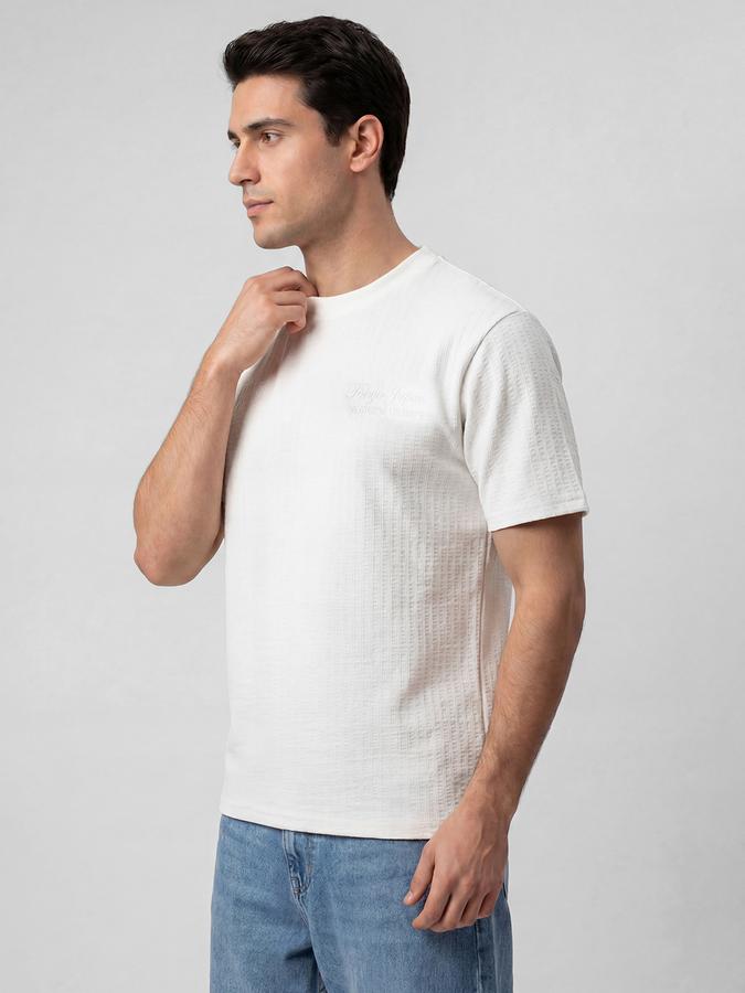 R&B Off White Self Design Men Round Neck Regular Fit Short Sleeves T-Shirt 