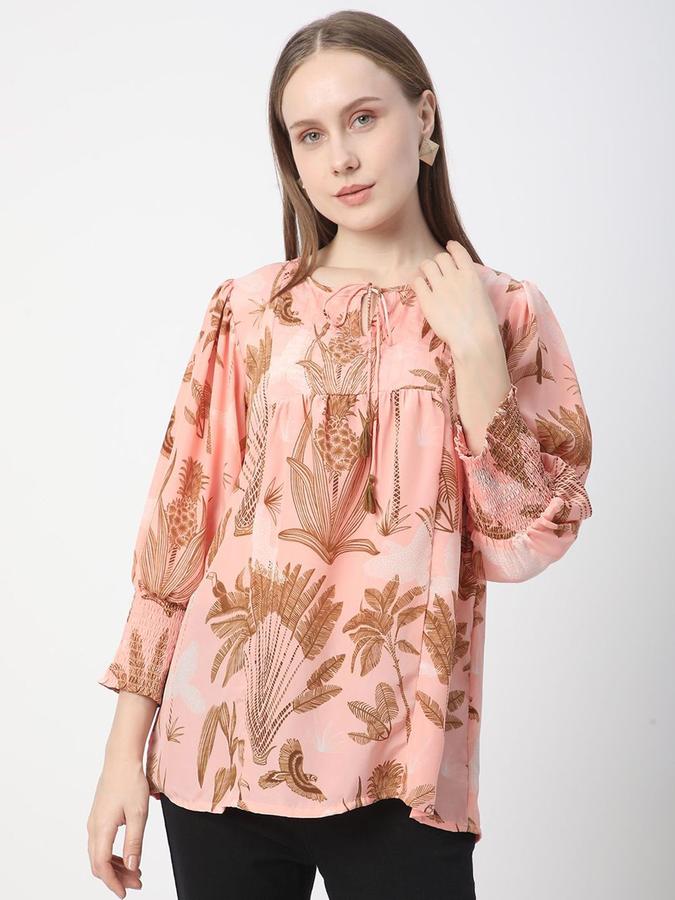 Women Crepe Relaxed Fit Tie Neck Printed Ethnic Top