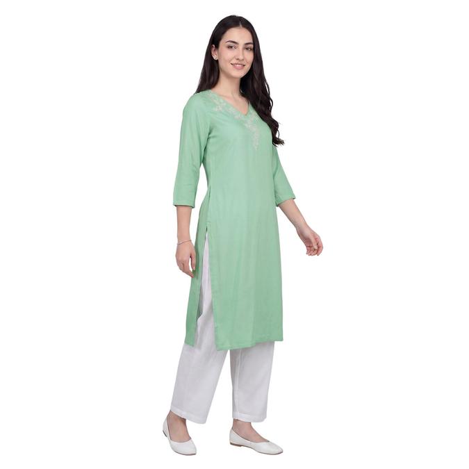 R&B Green Women V-Neck Three-Quarter Sleeves Kurta 