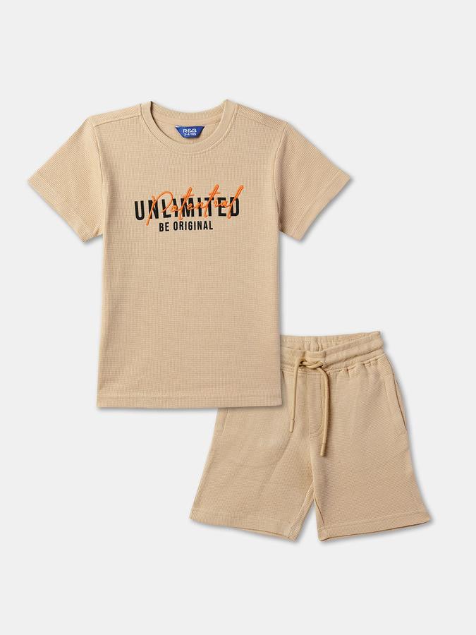 R&B Boys Beige Typography Print Pure Cotton T-shirt with Shorts
