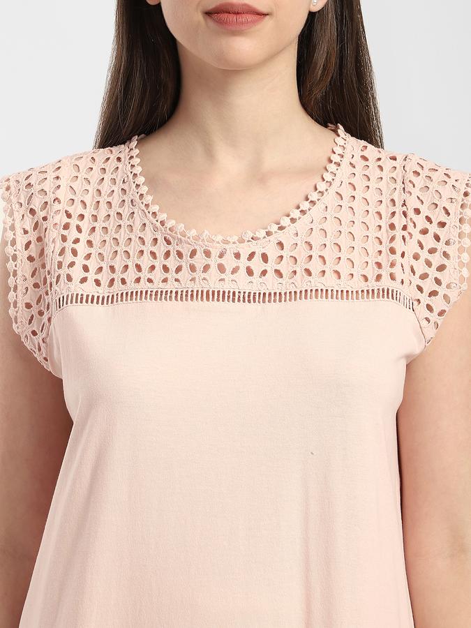 Women Cotton Relaxed Fit Round Neck Lace Yoke Night Shirt