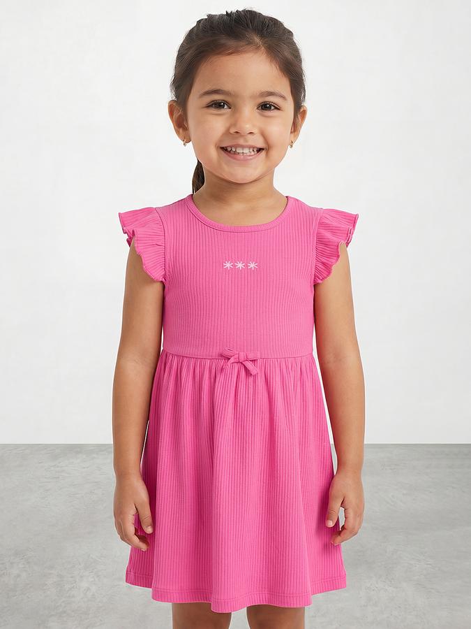 R&B Girl Pink Tropical Embroidery Flutter Sleeves Fit and Flare Dress