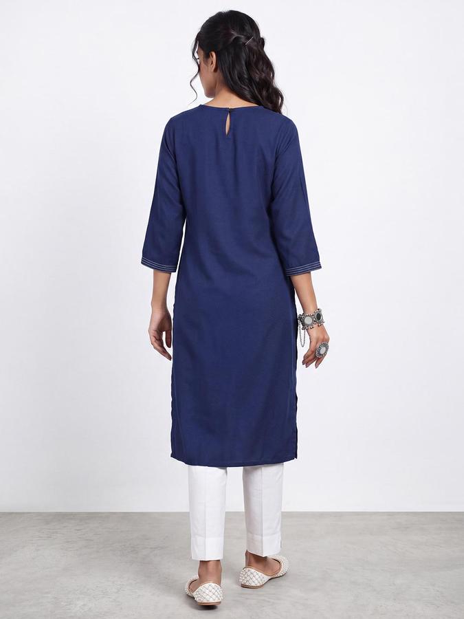 R&B Women Navy Blue Geometric Embriodery Round Neck Three-Quarter Sleeves Straight Kurta
