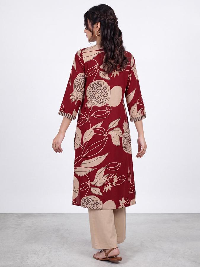 R&B Women Maroon Floral Print V-Neck Three-Quarter Sleeves Straight Kurta