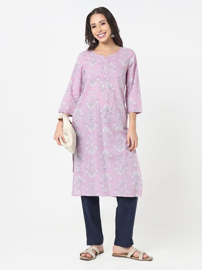Women's regular fit casual floral block printed round neck lavender straight kurta with couching 
