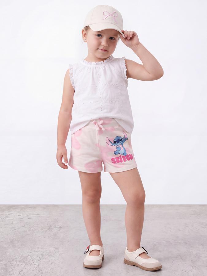 R&B Girls White Stitch Print Mid Rise Shorts With Drawstring Closure