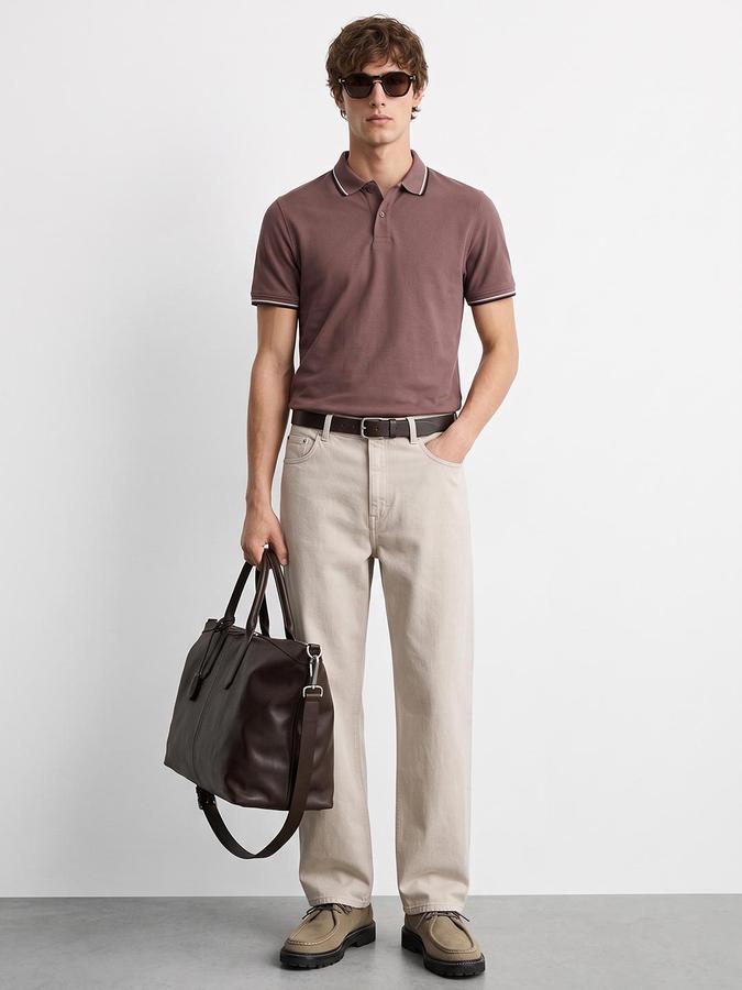 R&B Men Mauve Textured Short Sleeves Polo Collar T-Shirt