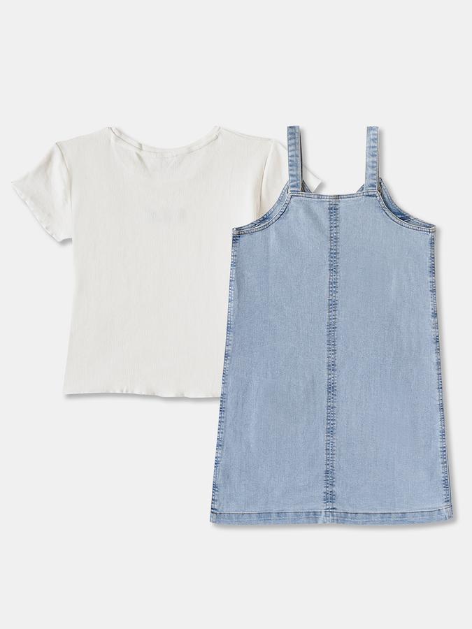 Girls Solid Short Sleeve Embroidered Top with Dungarees Set