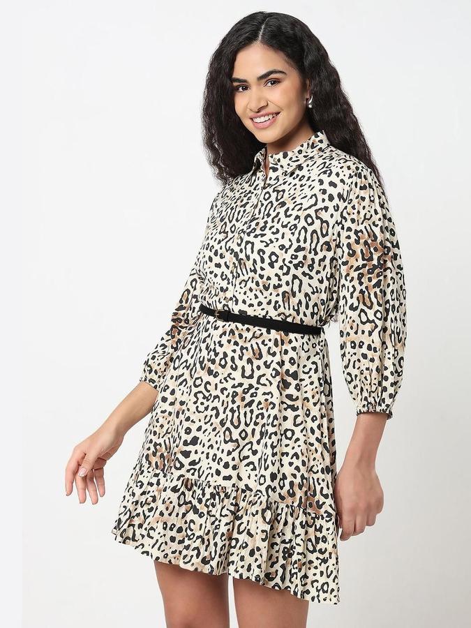 R&B Women Beige Printed Three-Quarter Sleeves Round Neck Mini Fit &amp; Flare Dress