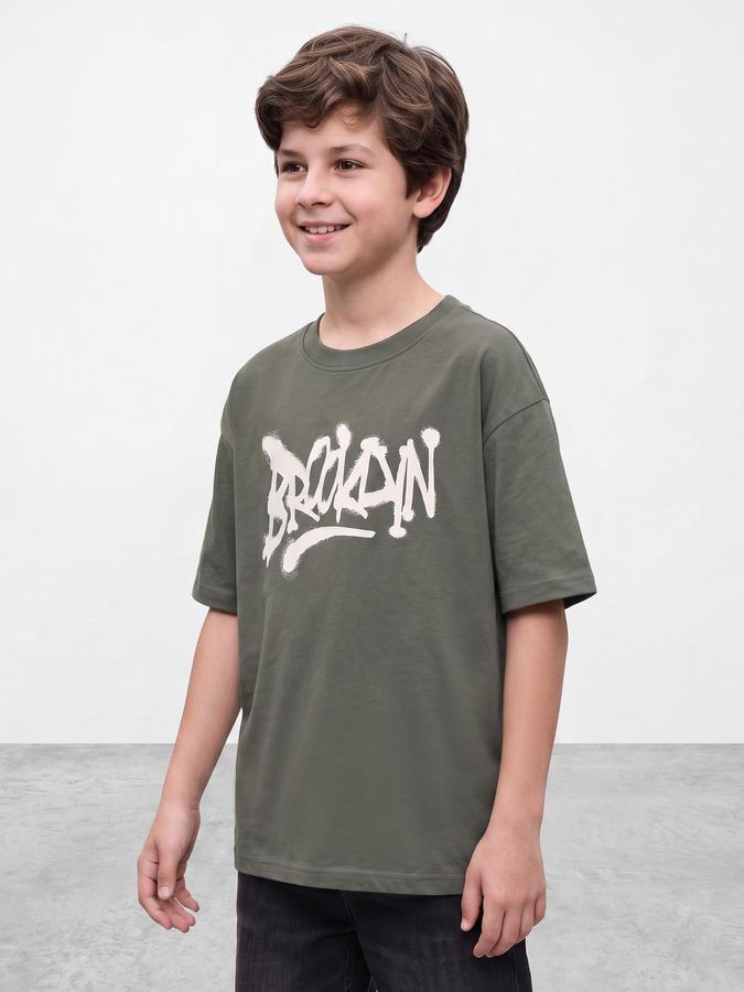 R&B Boys Olive Typography Print Short Sleeves Round Neck Pure Cotton T-Shirt