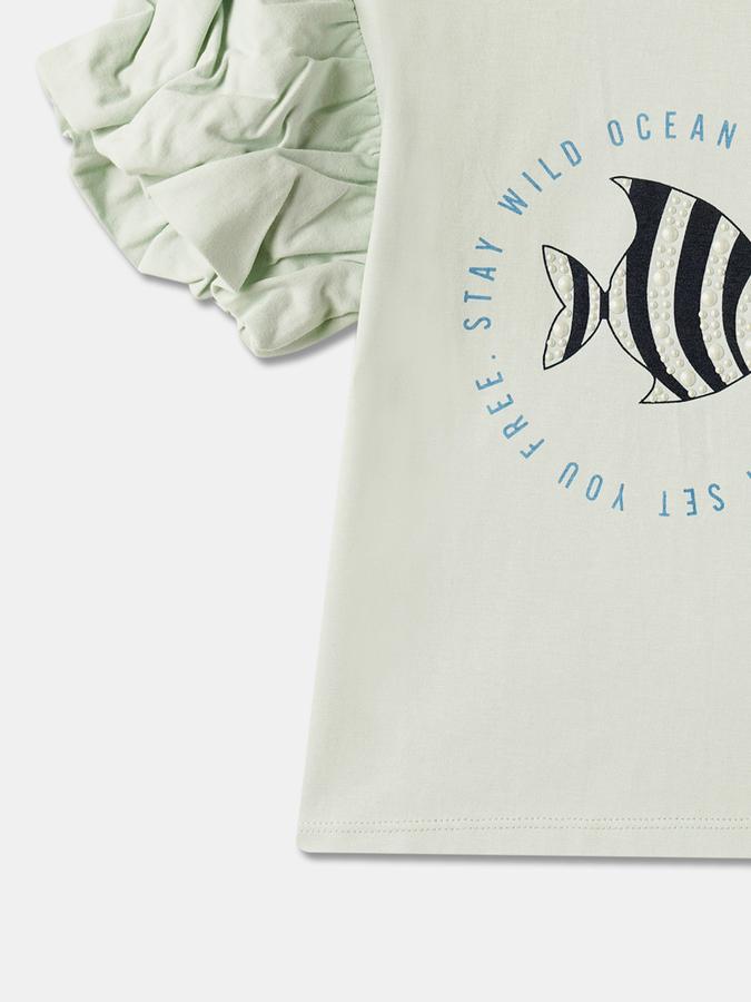 Girls Cotton Regular Fit Crew Neck Short Sleeve Graphic Top