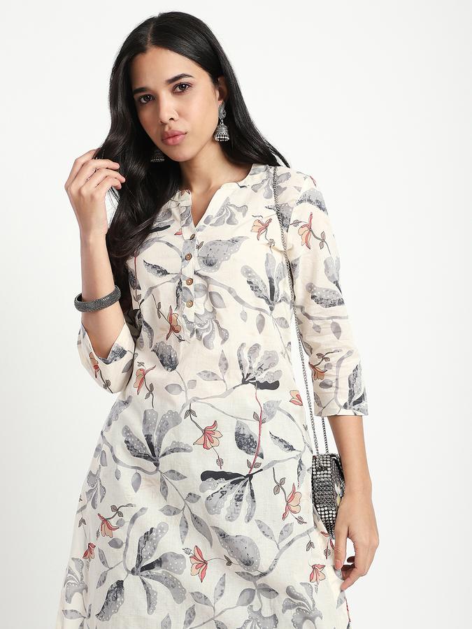 Women Cotton Regular Fit Mandarin Collar Printed Kurta