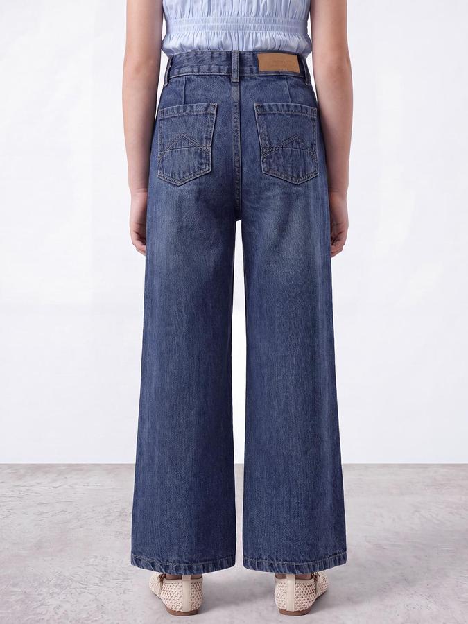 R&B Girls Blue Solid Wide Leg High Rise Jeans