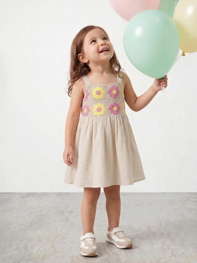 R&B Beige Cotton Printed Girls Dresses