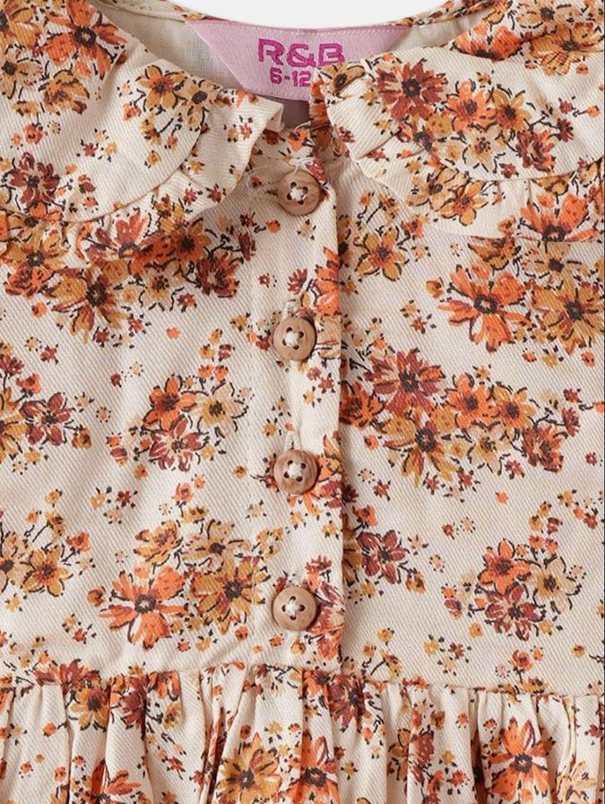 R&B Beige Floral Printed Girls Long Sleeves Dress