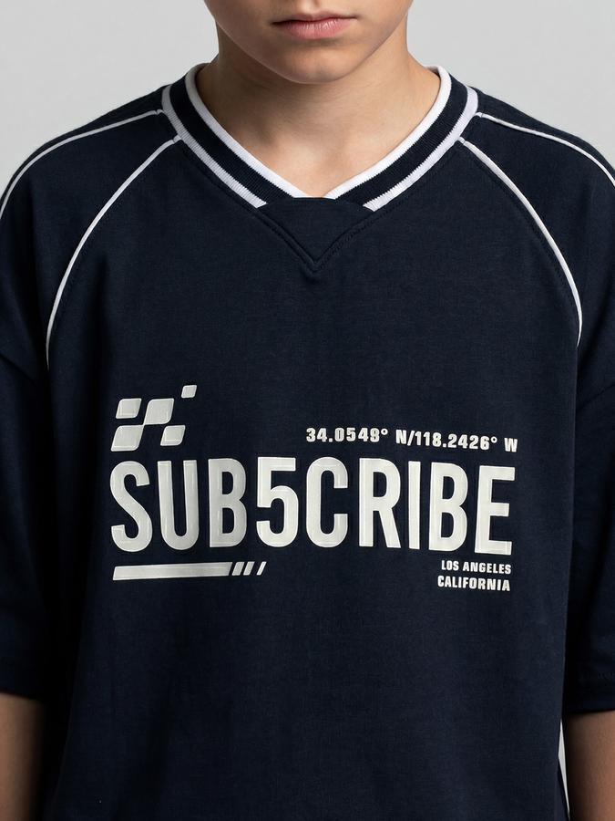 R&B Navy Blue Graphic Print Boys V-Neck Regular Fit Short Sleeves T-Shirt 