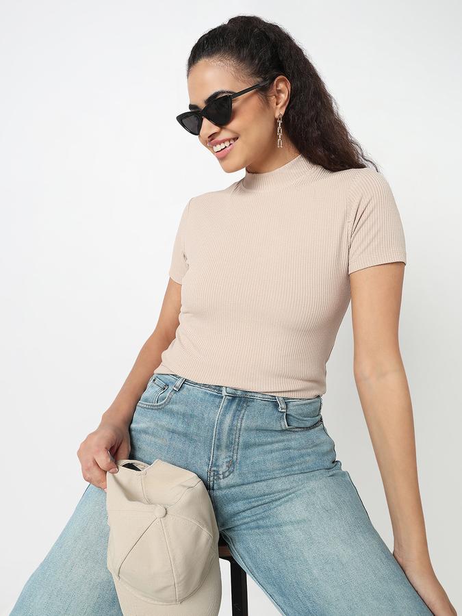 R&B Women Sand Solid Ribbed Top