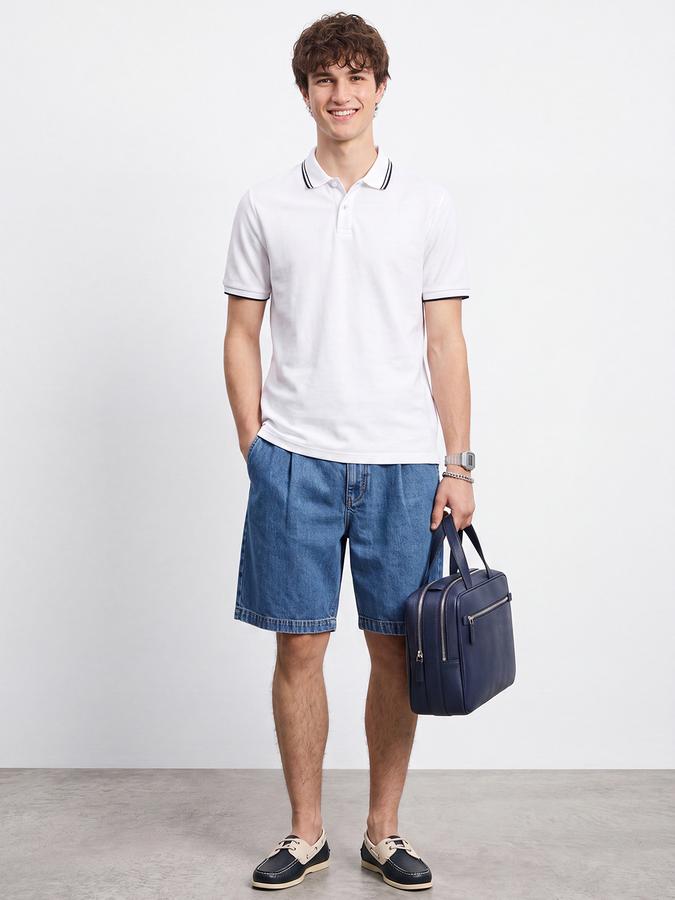 R&B Men White Textured Short Sleeves Tipping Polo Collar Tshirt