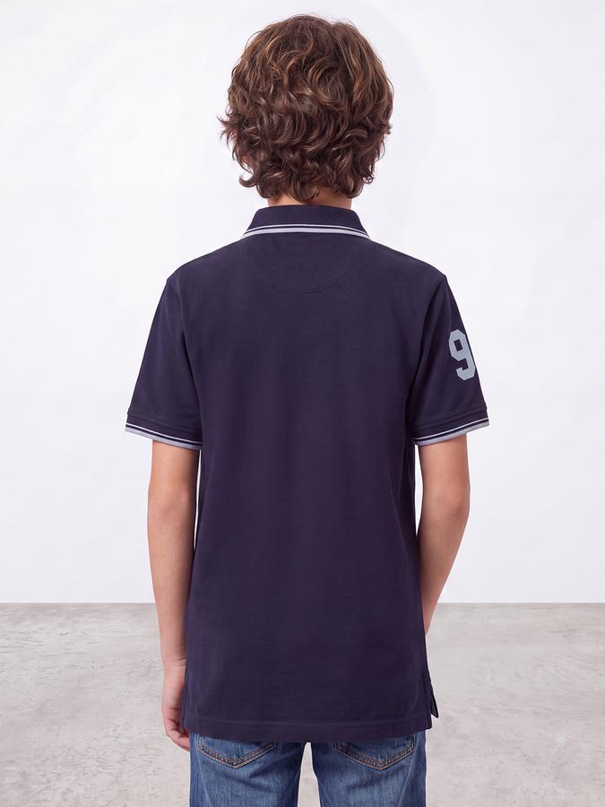 R&B Boys Navy Blue Collegiate Badge Printed Polo Collar Short Sleeves Pure Cotton T-shirt