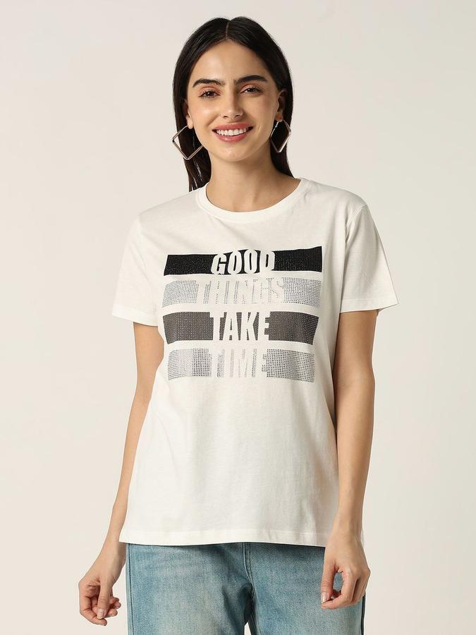 Women Cotton Regular Fit Crew Neck Slogan T-shirt
