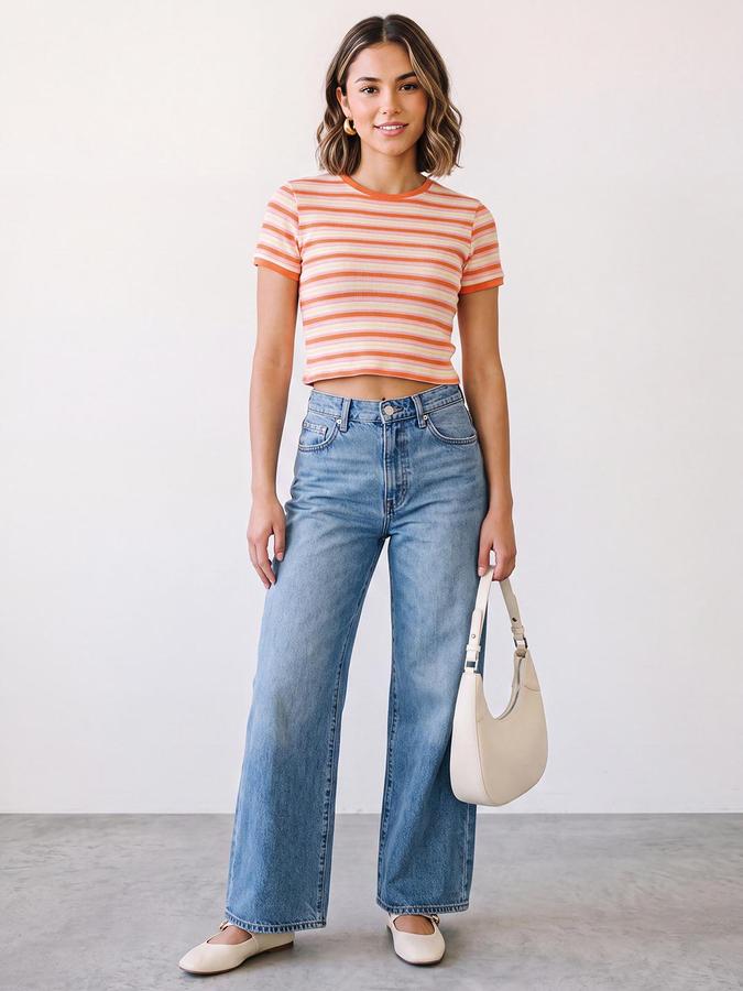 R&B Womens Orange Round Neck Short Sleeves Striped Crop Top