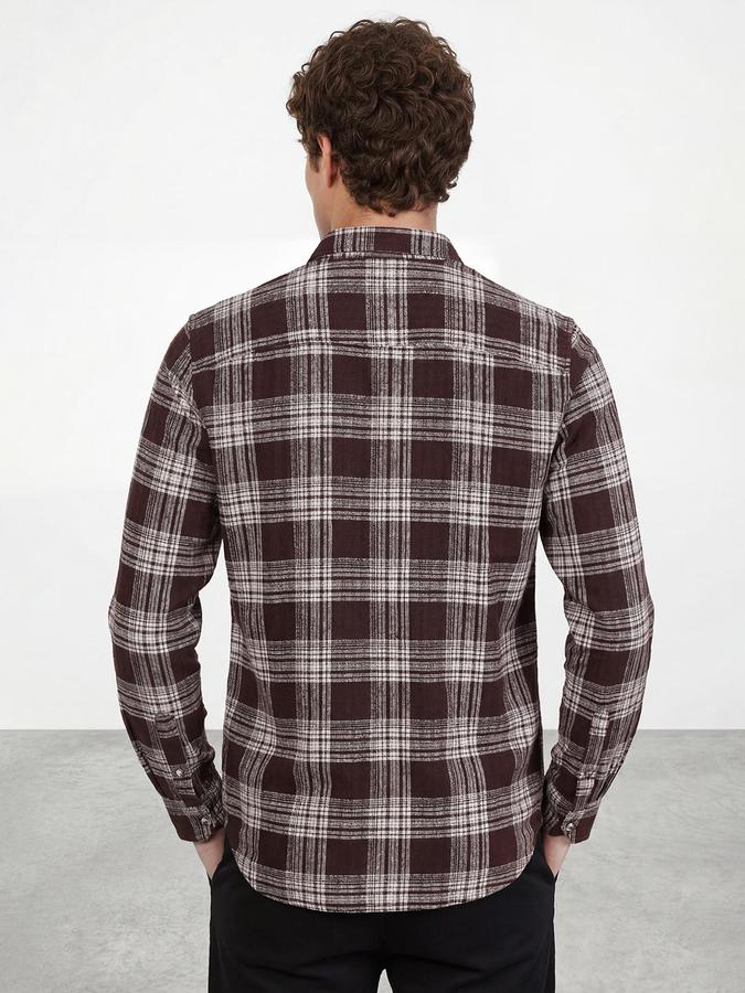 R&B Men Maroon Windowpane Checks Spread Collar Long Sleeves Regular Fit Shirt