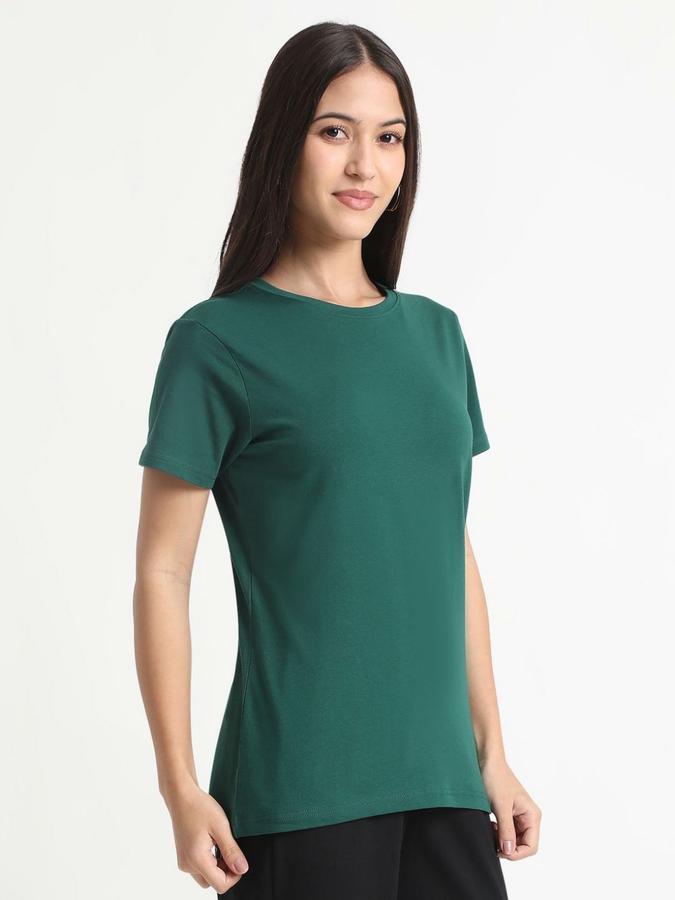 R&B Womens Dark Green Solid Round Neck Short Sleeves T-shirt
