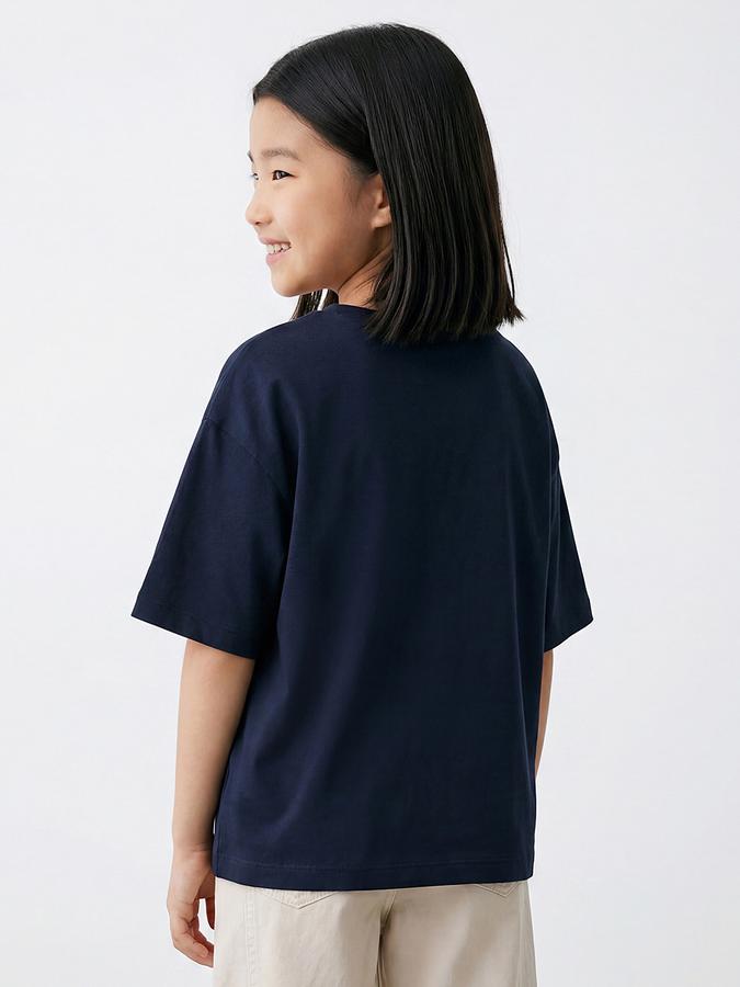 R&B Girls Navy Blue Regular Fit Typography Short Sleeve T-shirt