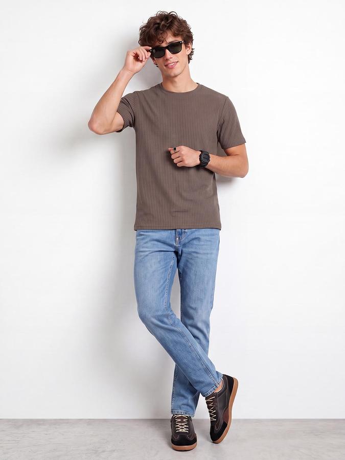 R&B Men Brown Ribbed Short Sleeves Tshirt