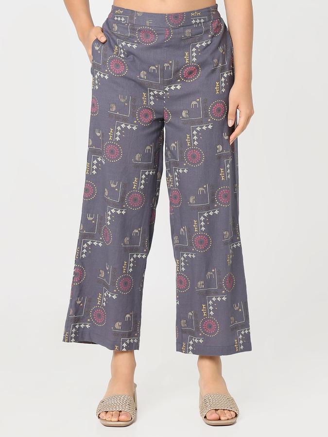 R&B Women Grey Printed Straight Fit Pants