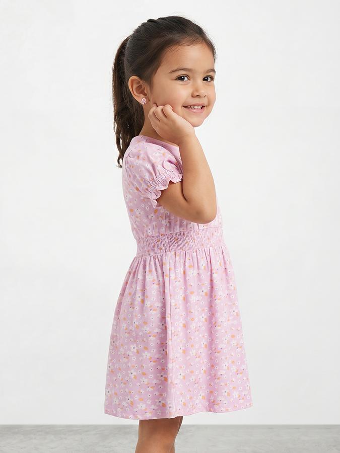 R&B Girl Purple Floral Print Puff Sleeves Fit and Flare Dress