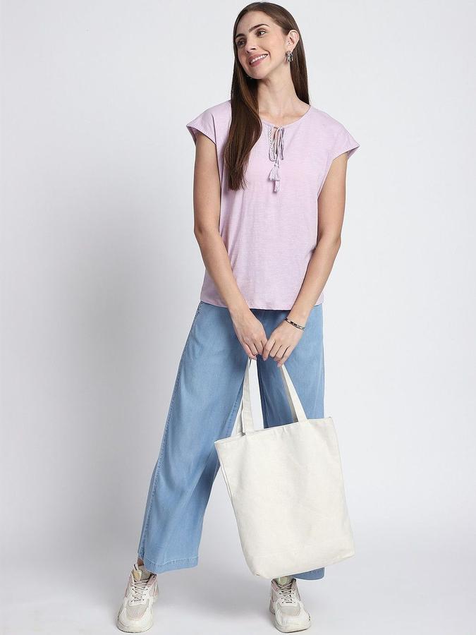 R&B Womens Lilac Solid Round Neck Short Sleeves Top
