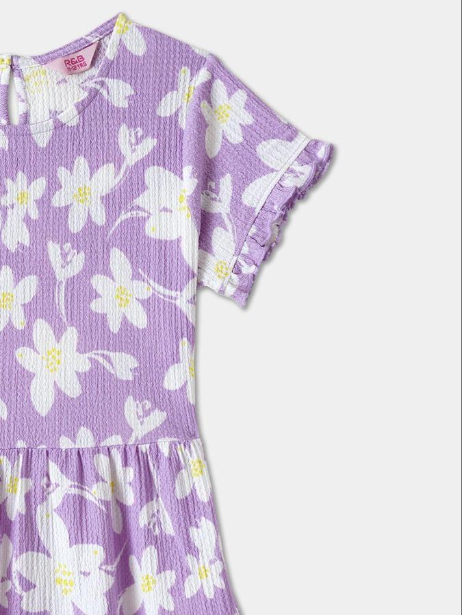 R&B Purple Floral Printed Girls Short Sleeves Dress